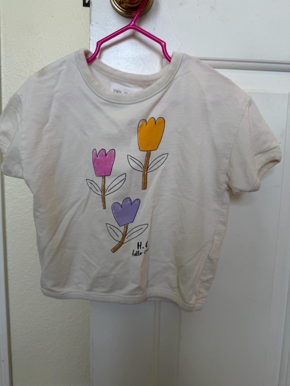 Zara Cream Tee with Pink, Purple & Yellow Flower Graphic